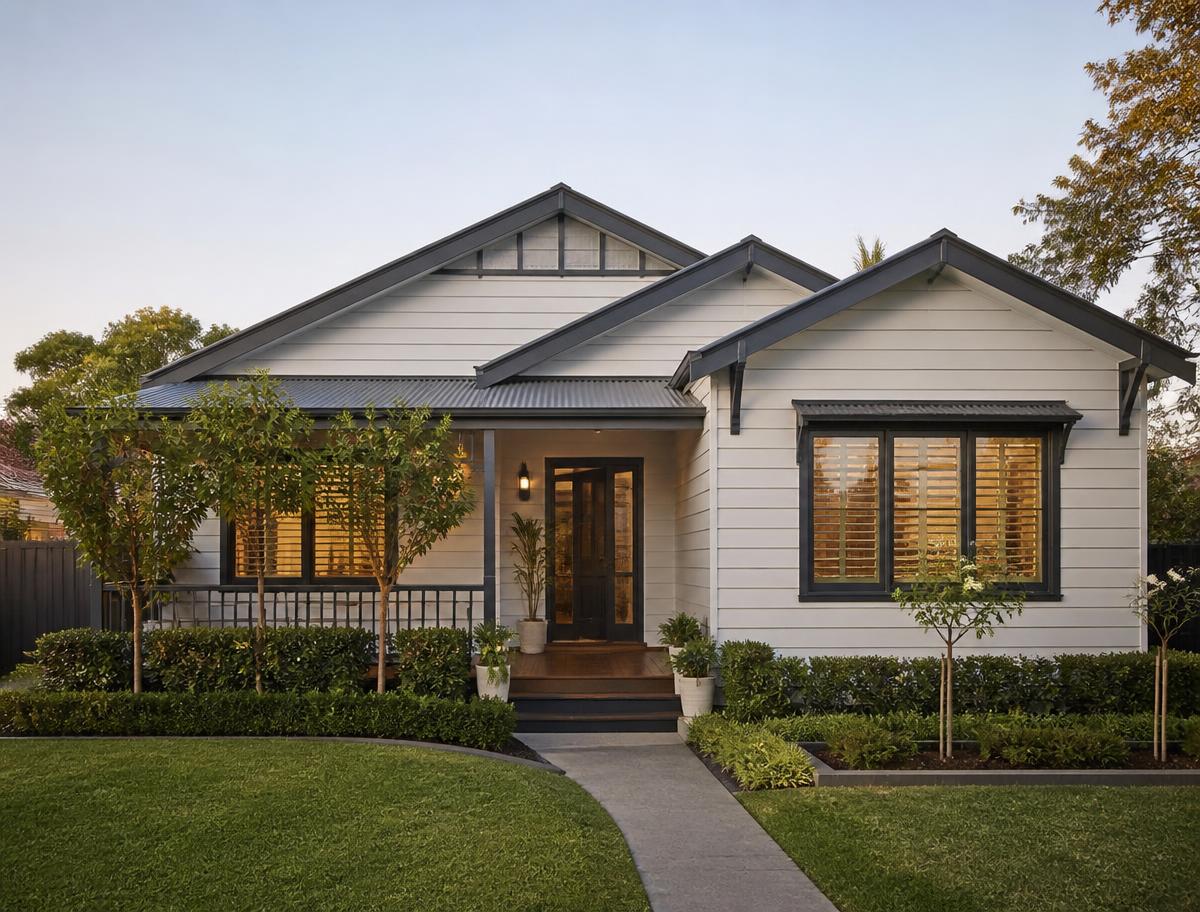 Freshly painted weatherboard home at dusk