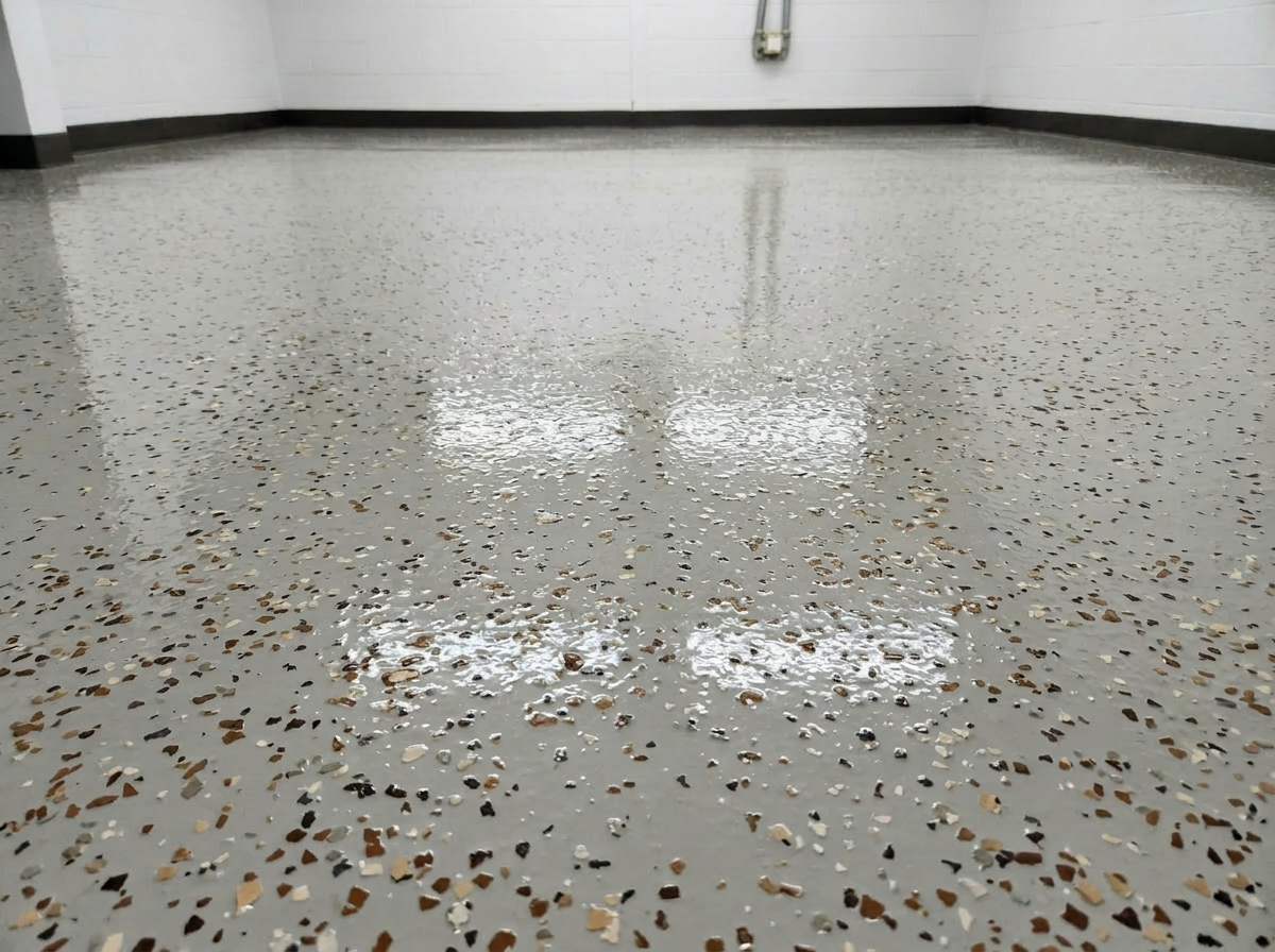 After — partial flake epoxy floor with crisp white walls by ColourX