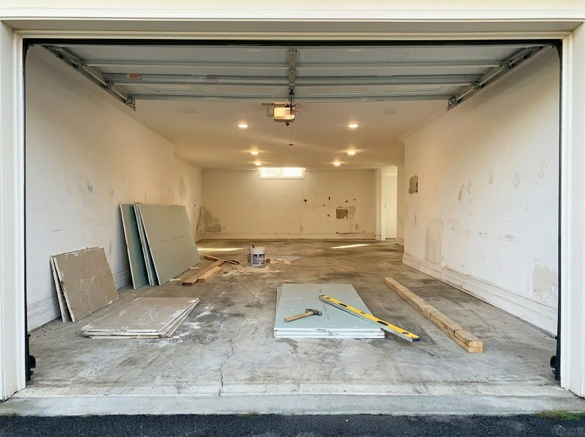 Before — dusty cracked concrete in a suburban garage viewed from the driveway