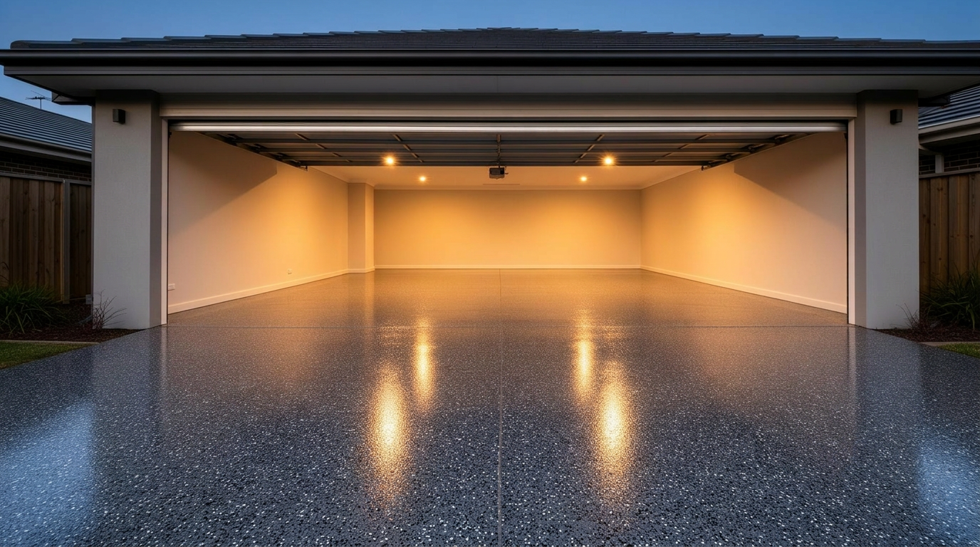 Decorative flake epoxy double garage floor in a Melbourne home, finished by ColourX